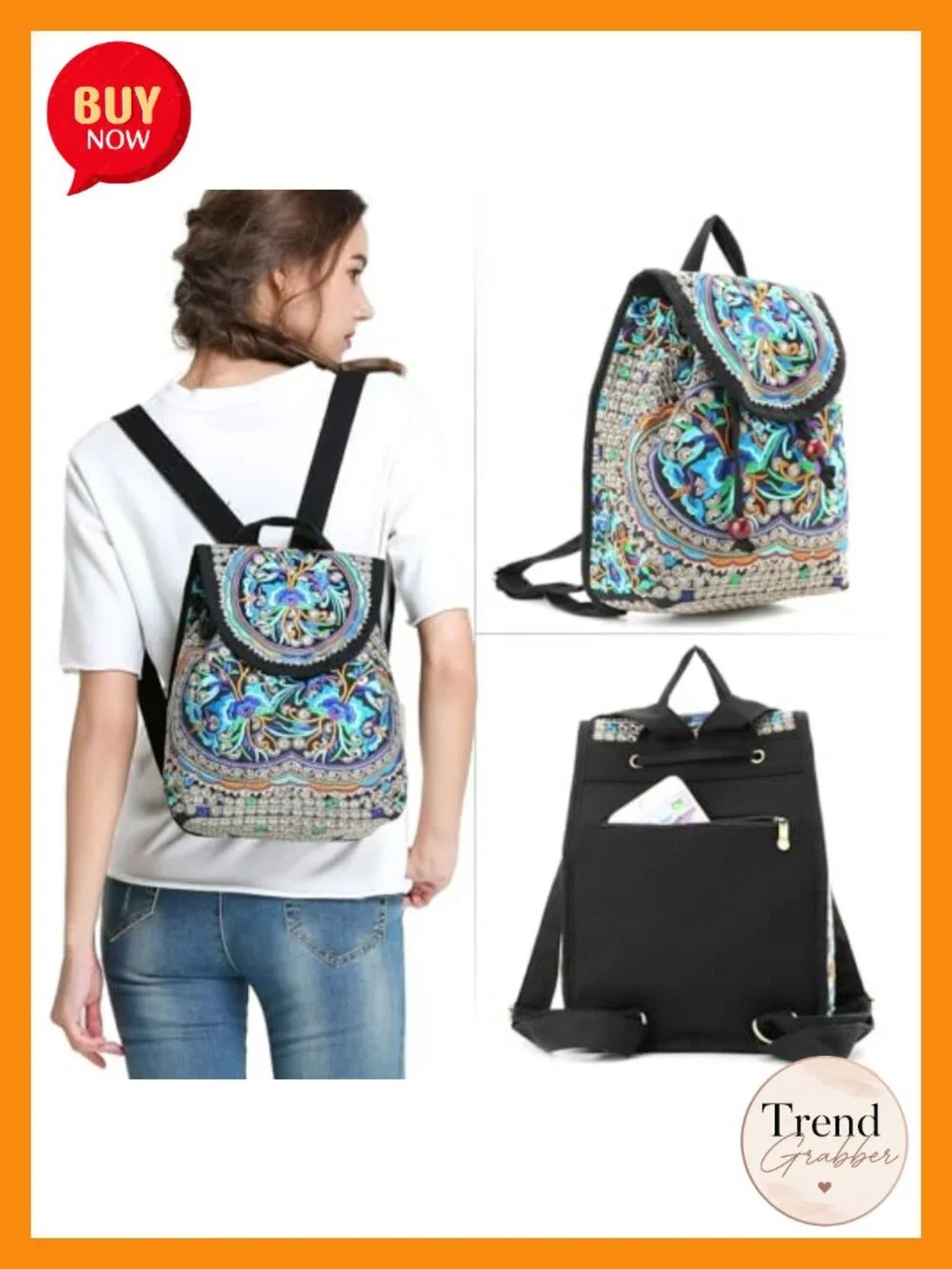 Embroidered Canvas Mini Backpack Purse - Boho Travel Daypack